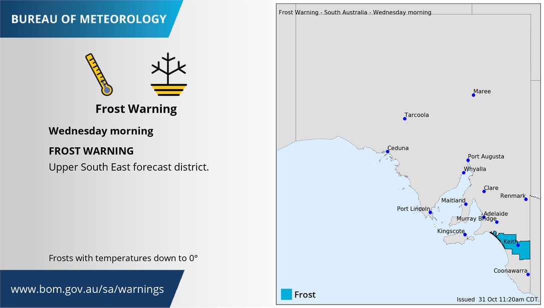 BOM_SA's tweet photo. A #Frost Warning for the Upper South East has been issued, with temperatures down to 0°C forecast for Wednesday morning. Latest warnings: https://t.co/vw697jfTcz https://t.co/R6Brk6GNPe