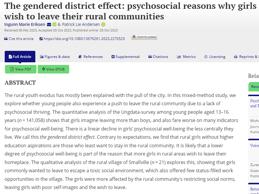 NEW ARTICLE ALERT!
Ingunn Marie Eriksen &amp; Patrick Lie Andersen:
The gendered district effect: psychosocial reasons why girls wish to leave their rural communities
tandfonline.com/doi/full/10.10…