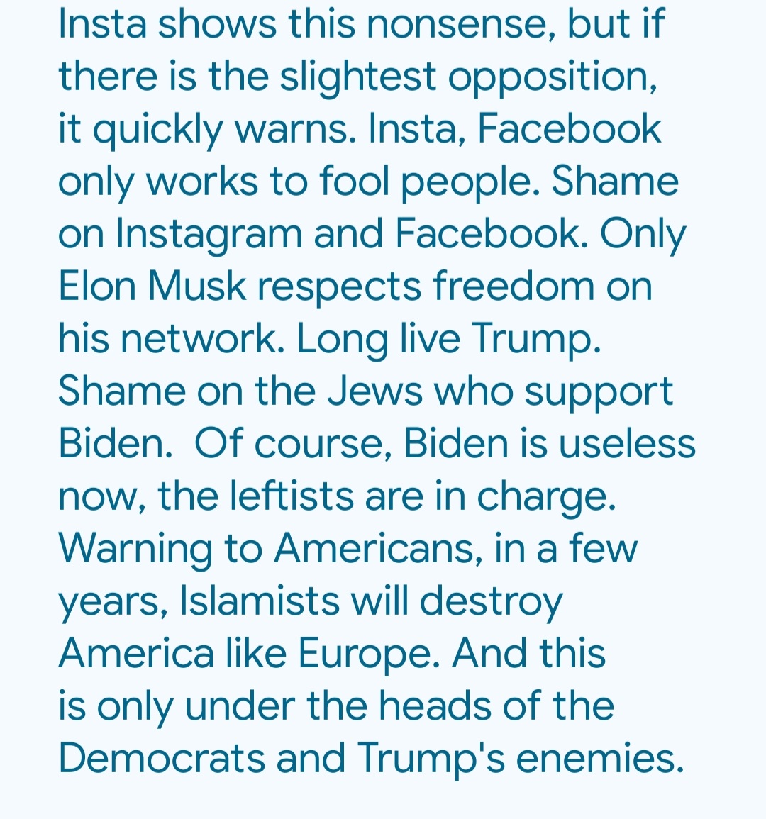 Mark49979034's tweet photo. I commented this on Instagram. Instagram warned me. I deleted it. This is freedom of speech. Instagram and Facebook are responsible for smearing Europe. Now they are erasing everyone's voices. Tomorrow, America will be in the hands of Islamists and leftists.  will be destroyed https://t.co/LXJ1i0kZ0C