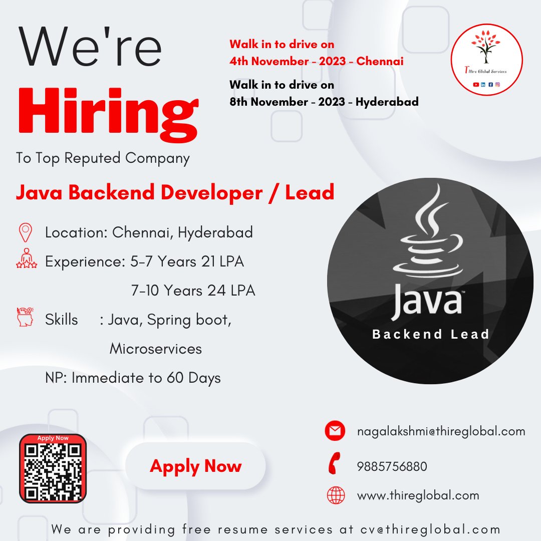 thireglobal's tweet image. We are hiring Java Backend Developer & Lead
#javalead #chennai #hyderabad #java #springboot #maicroservices