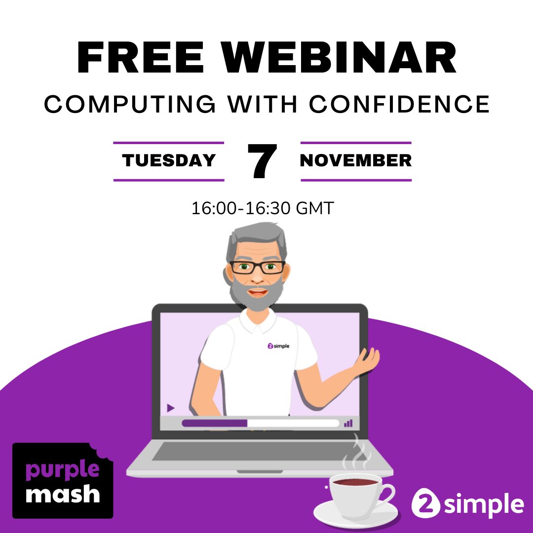 purpleMash's tweet image. Looking for an effective solution to delivering computing across your school? Then this is the webinar for you!
See how you can build confidence with Purple Mash and its scheme of work.
Register for the webinar here: eventbrite.co.uk/e/computing-wi…
#Computing #ComputingLead #SLT