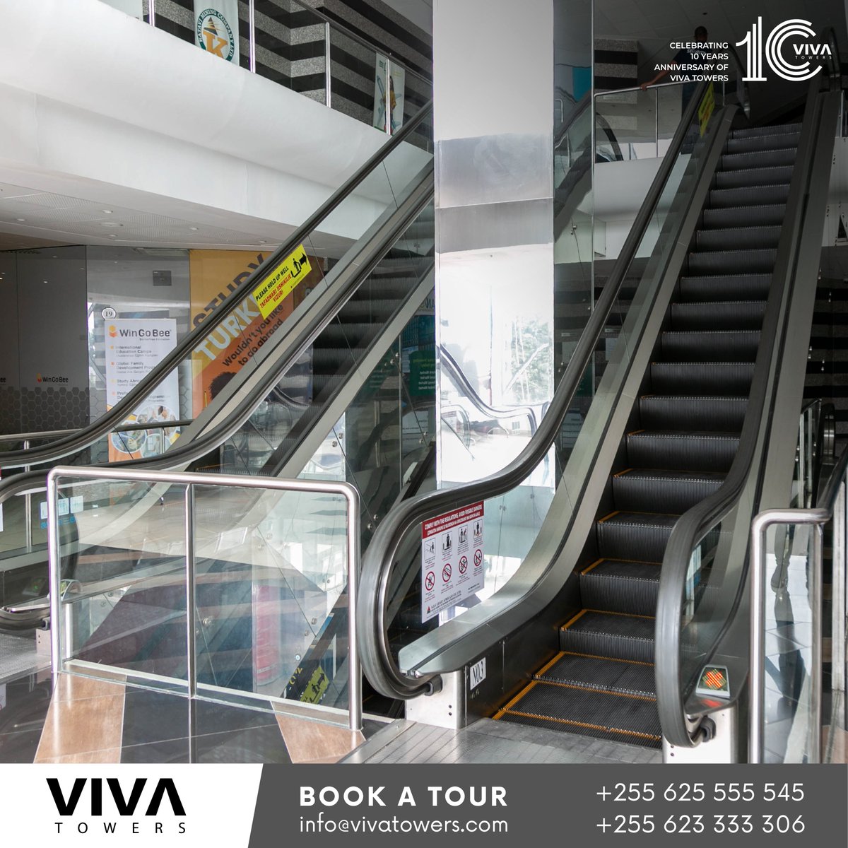 Step into convenience and comfort with our well-maintained escalator facility.
 #vivatowers #vivatowers10years #10yearsanniversary #commercial #Anniversary #security #officespaces #officespace #daressalaam #shopspaces #landmark