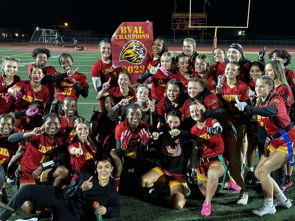 thepress_sports's tweet photo. The Liberty girls flag football team captured the first-ever BVAL flag football title, and got revenge for their opening week loss to rival Heritage after a 58-6 blowout over the Pats Monday night at Liberty. 
@LHSLionsSports https://t.co/oQ3ta1RKDK