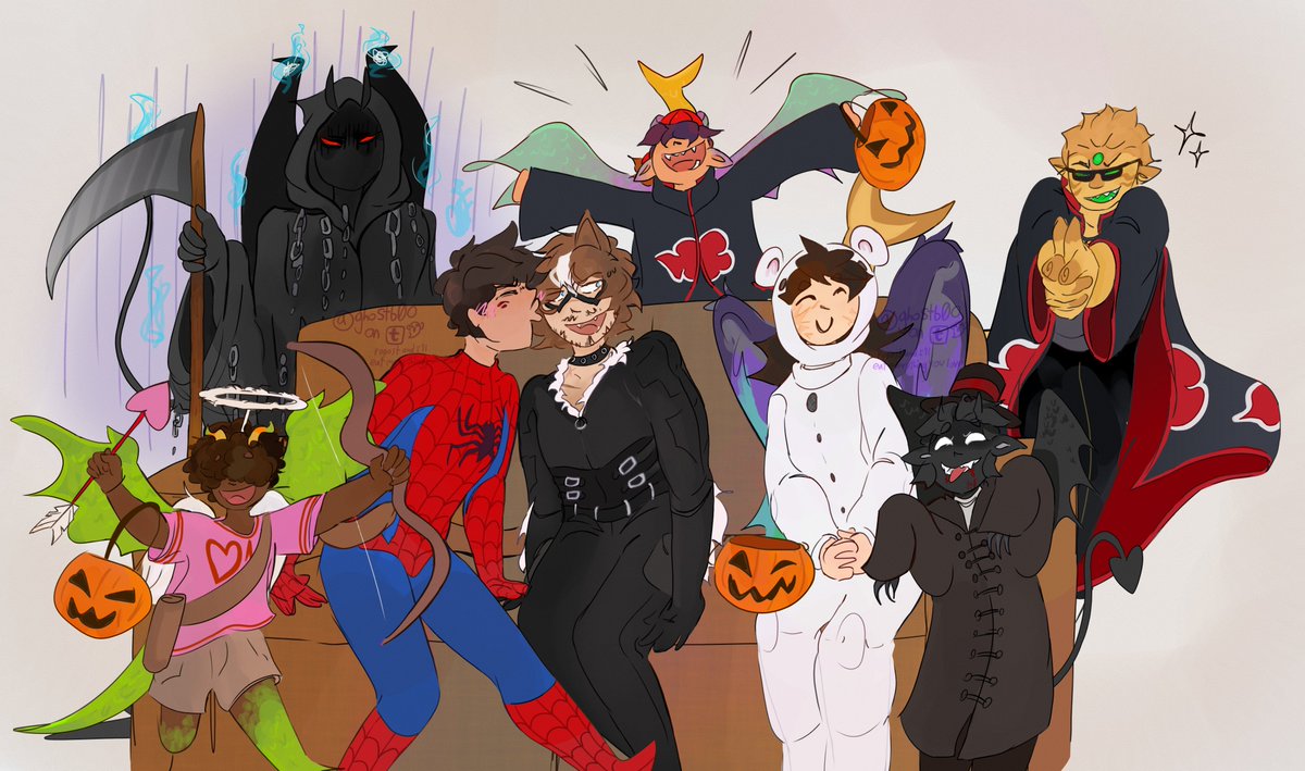 ghostbo0o's tweet photo. #QSMPHalloween #qsmp #qsmpfanart halloween w/ the jaidens and co!!
ft. foolish as itachi, dapper as nosferatu, leo as herself w/ an akatsuki cloak, jaiden as cell's fave bear, spideroier, cellbit as black cat (ew couples), richas as cupid + bbh as the grim reaper https://t.co/tTtI2G7GsG