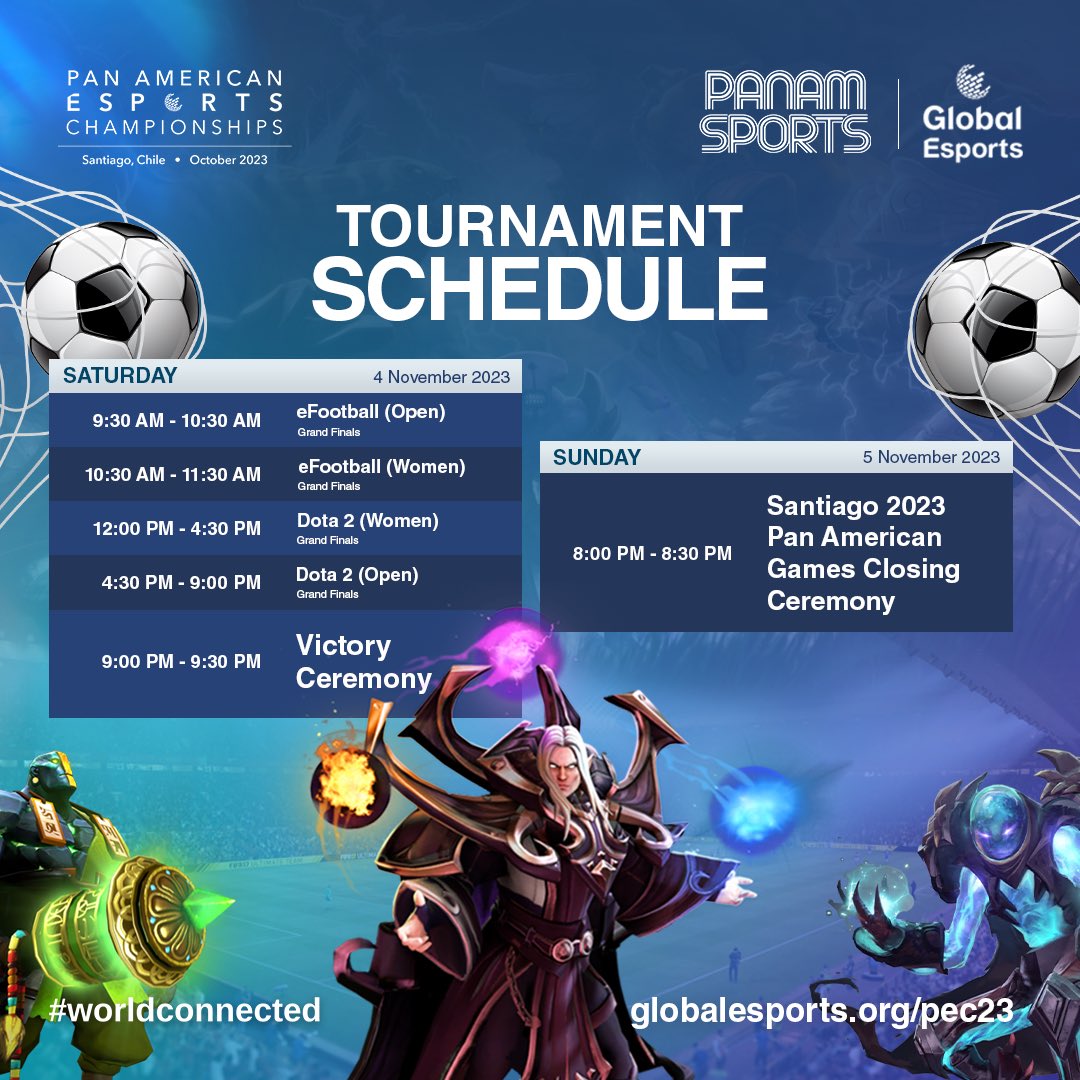Pan American Esports Championships begins in 2 days. 🔥 Swipe to see the full schedule of #PEC23 🌍✨

<a href="/PanamSports/">Panam Sports</a> 

#worldconnected #Santiago2023 #PanamGames #eFootball #Dota2 #esports