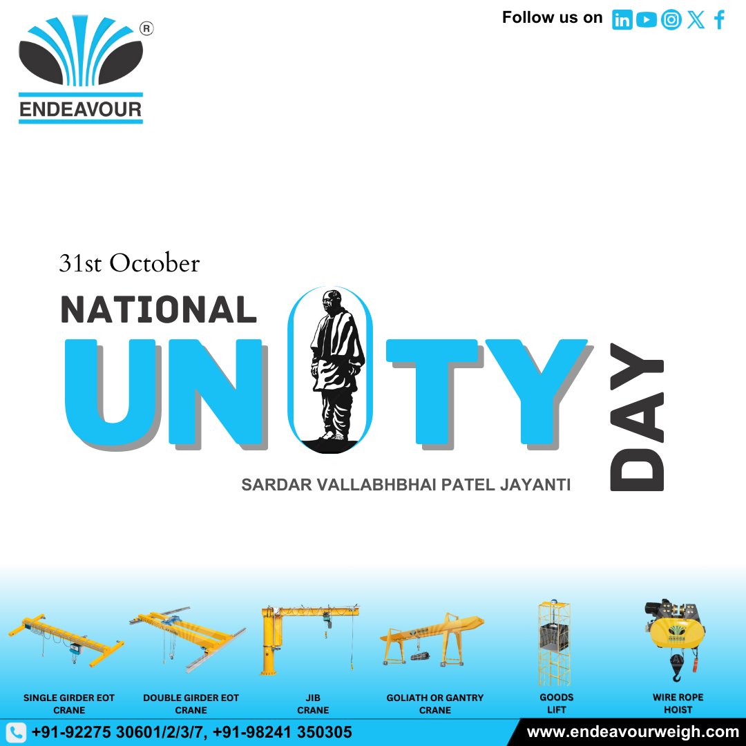 endeavourweigh's tweet photo. On this special occasion of Sardar Vallabhbhai Patel Jayanti, celebrated as National Unity Day,...

#SardarPatelJayanti #NationalUnityDay #PrideOfIndia #IronManOfIndia

#Endeavour #EIPLOfficial #EndeavourInnovations #MaterialHandlingSolution https://t.co/8jDBzKCmXH