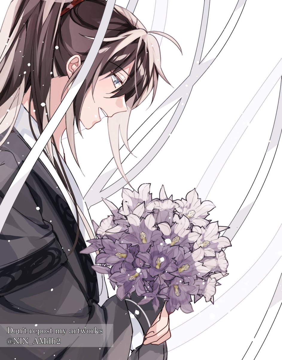 1boy flower male focus bouquet solo ponytail long hair  illustration images