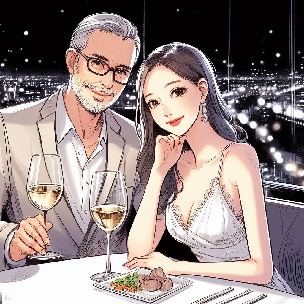 ダンディーなおじさまと可愛い女性が夜景の見えるレストランで大人デートしている画…だそうです