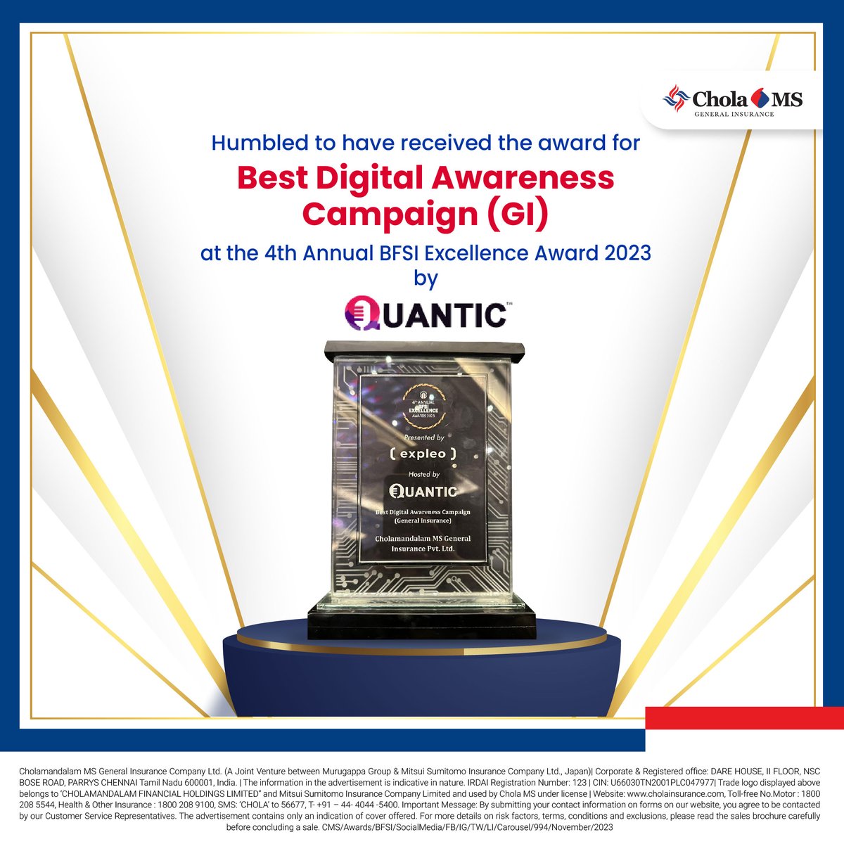 We are proud to be recognized for empowering the digital generation at the Awards Ceremony of 4th Annual BFSI Excellence Awards 2023. 

We are grateful for your unwavering support and faith in us!

#CholaMS #StayProtected #StayInsured #DigitalAwareness