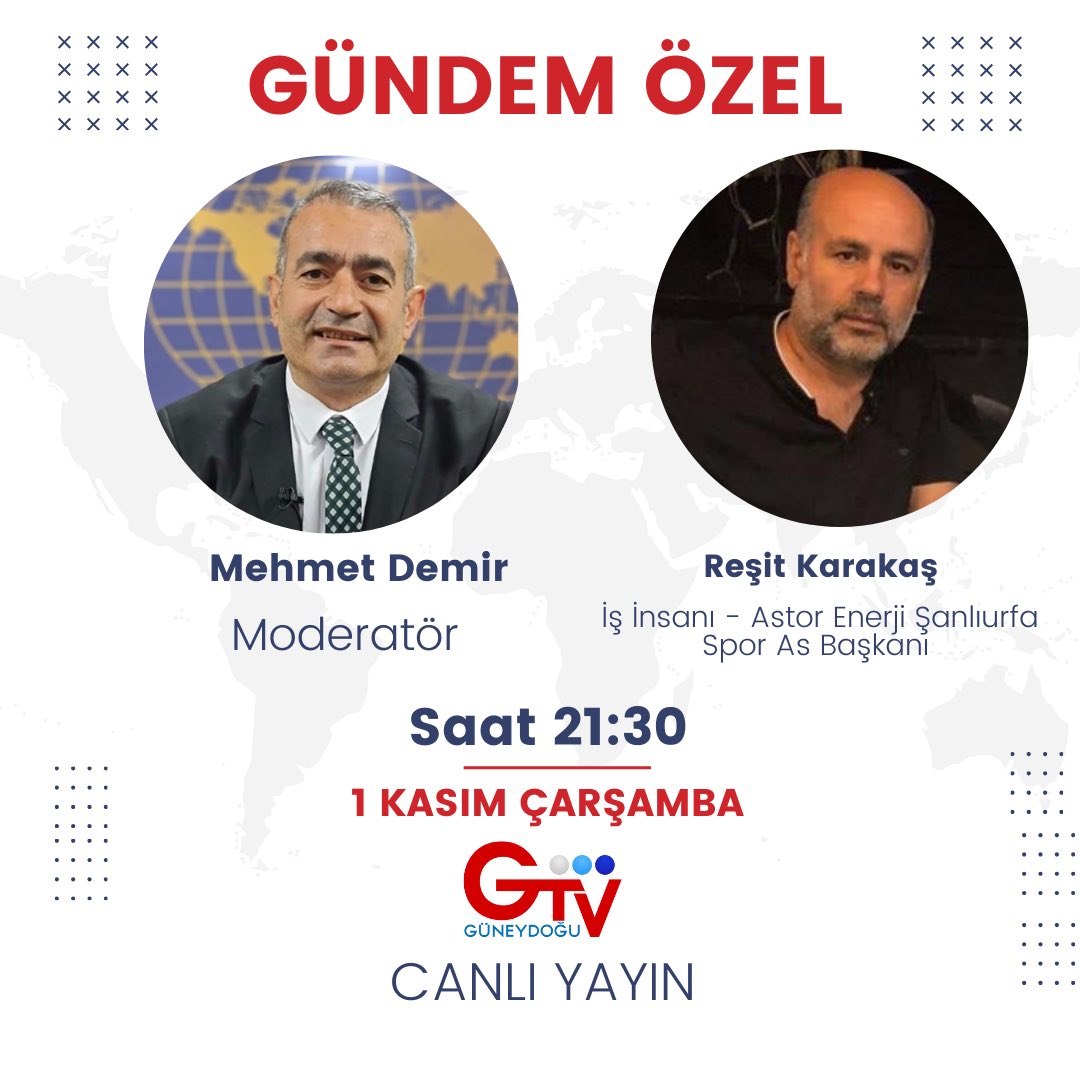 Mehmet Demir İle Gündem Özel Program Konuğu Astor Enerji Şanlıurfaspor As Başkanı Reşit Karakaş Olacaktır. 

<a href="/misafirmehmet/">Mehmet Demir Misafir</a>  <a href="/resitkarakas63/">Reşit Karakaş</a>