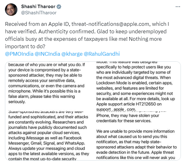 विपक्षी नेताओं का दावा- फोन निर्माता की ओर से आया सरकार प्रायोजित हैकिंग के प्रयास का SMS