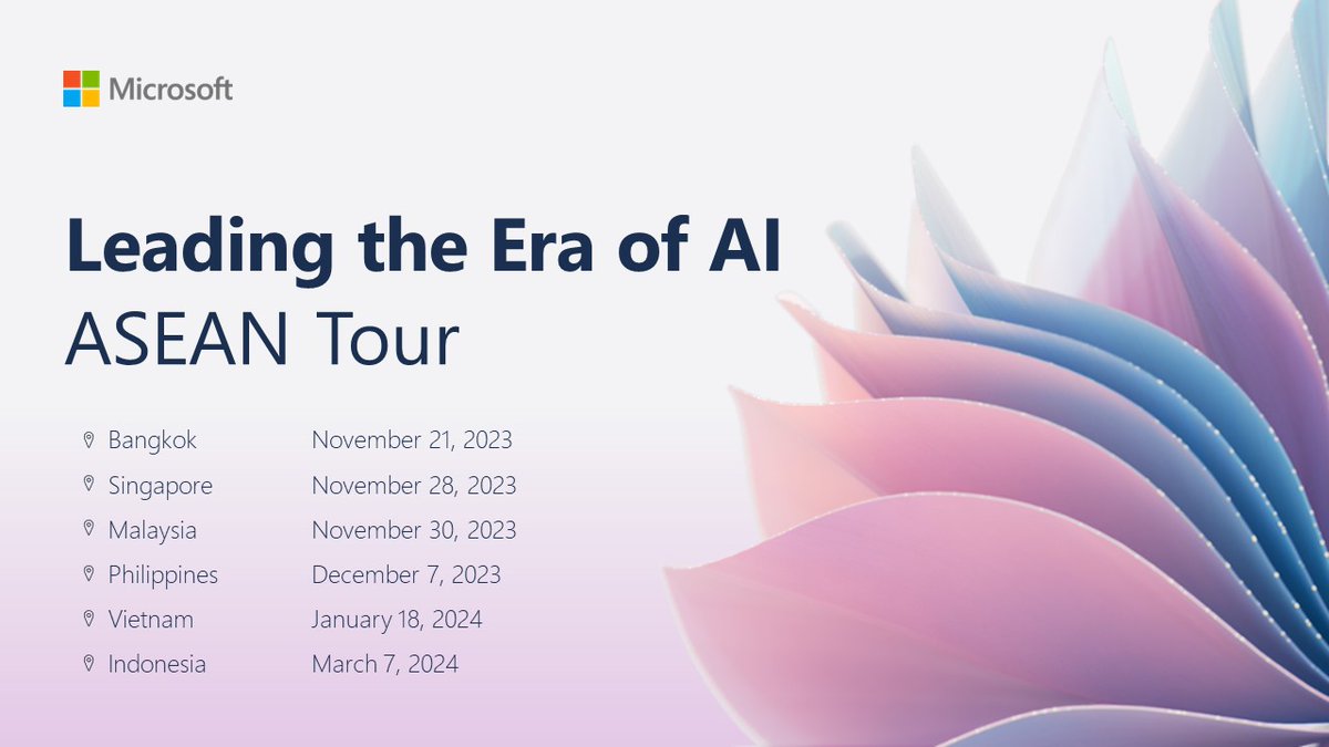 MicrosoftAPAC's tweet photo. Microsoft Leading the Era of AI summit. Discover how AI can transform your business and gain a competitive edge. Hear from Microsoft and industry leaders about AI best practices. 6 countries between November to March next year. #Microsoft #MicrosoftASEAN #EraOfAI #MicrosoftAI https://t.co/UuCIG9zLhW