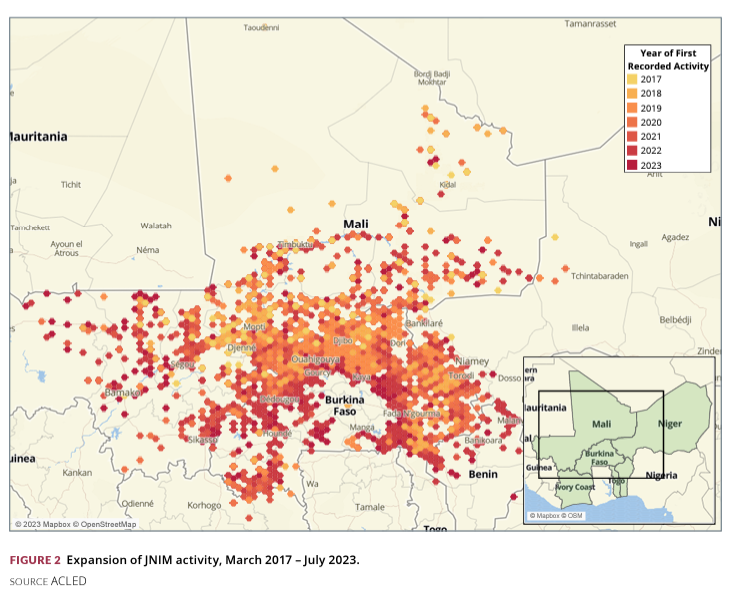 JNIM’s influence and reach have grown from strongholds in northern and central Mali to encompass the western and southern parts of the country, most of Burkina Faso, parts of Niger, and the northernmost areas of West African littoral states like Benin. ▶️ bit.ly/46tR1ND