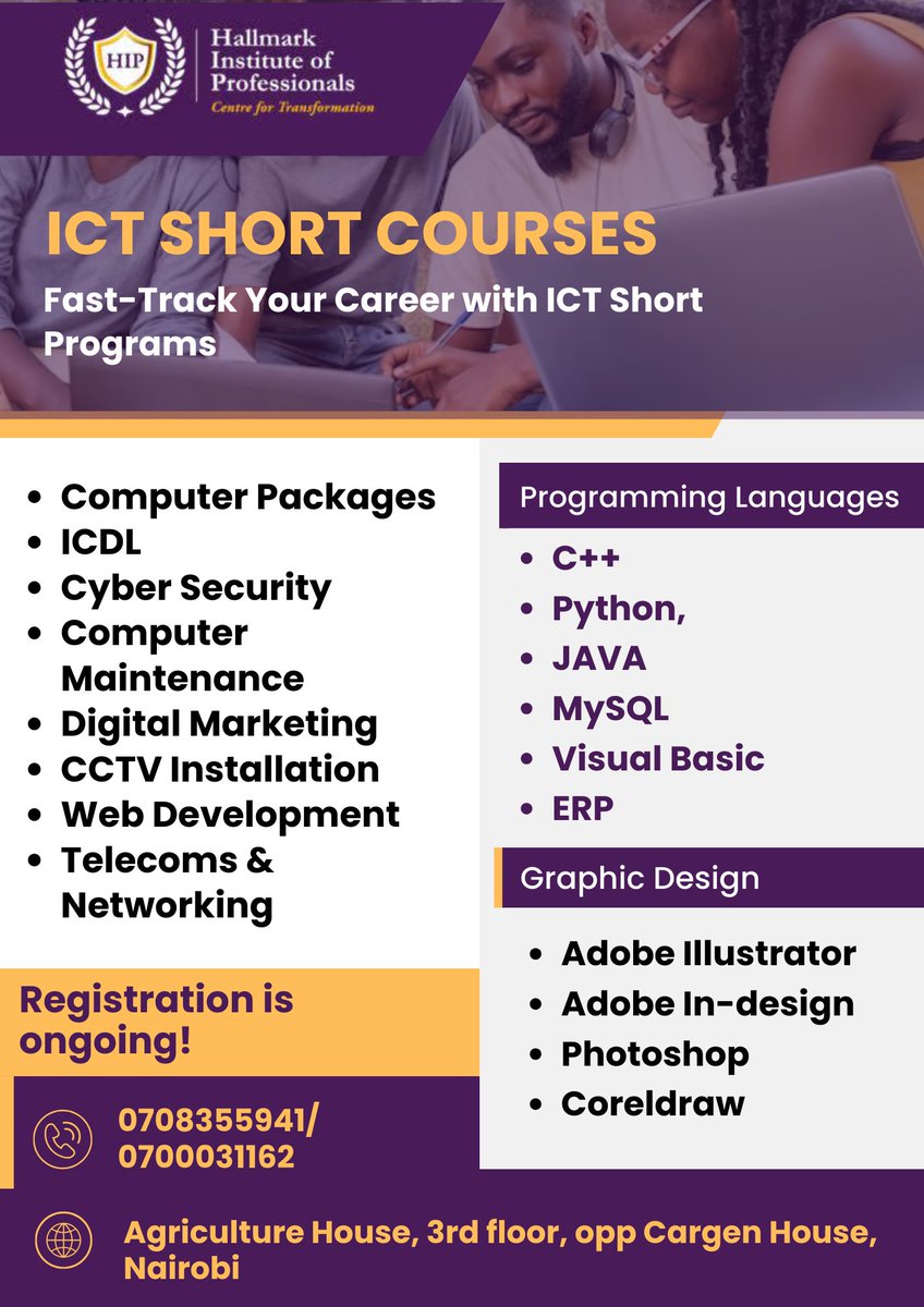 Hallmark Institute of Professionals (@hallmarkinst) on Twitter photo Take a leap into the future with our ICT short courses, where intricate concepts and transformative ideas converge to shape the tech leaders of tomorrow.
For more information, reach us at 0708355941 or enquiries@hallmark.or.ke or clientservice@hallmark.or.ke. Take a leap into the future with our ICT short courses, where intricate concepts and transformative ideas converge to shape the tech leaders of tomorrow.
For more information, reach us at 0708355941 or enquiries@hallmark.or.ke or clientservice@hallmark.or.ke.
