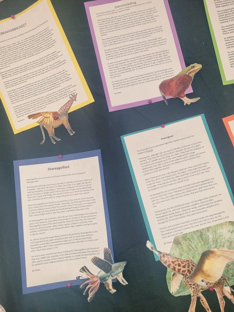 daniellewardro2's tweet photo. 🦘🦒🦍Meet the...🦍🦒🦘Information Reports based on our innovative animal creations! Thanks for the inspo @PieCorbett and @Talk4Writing with the Meet The Rhi-swano-zeb-tah unit! @Marg_Williamson https://t.co/T7iJ3ydqMe