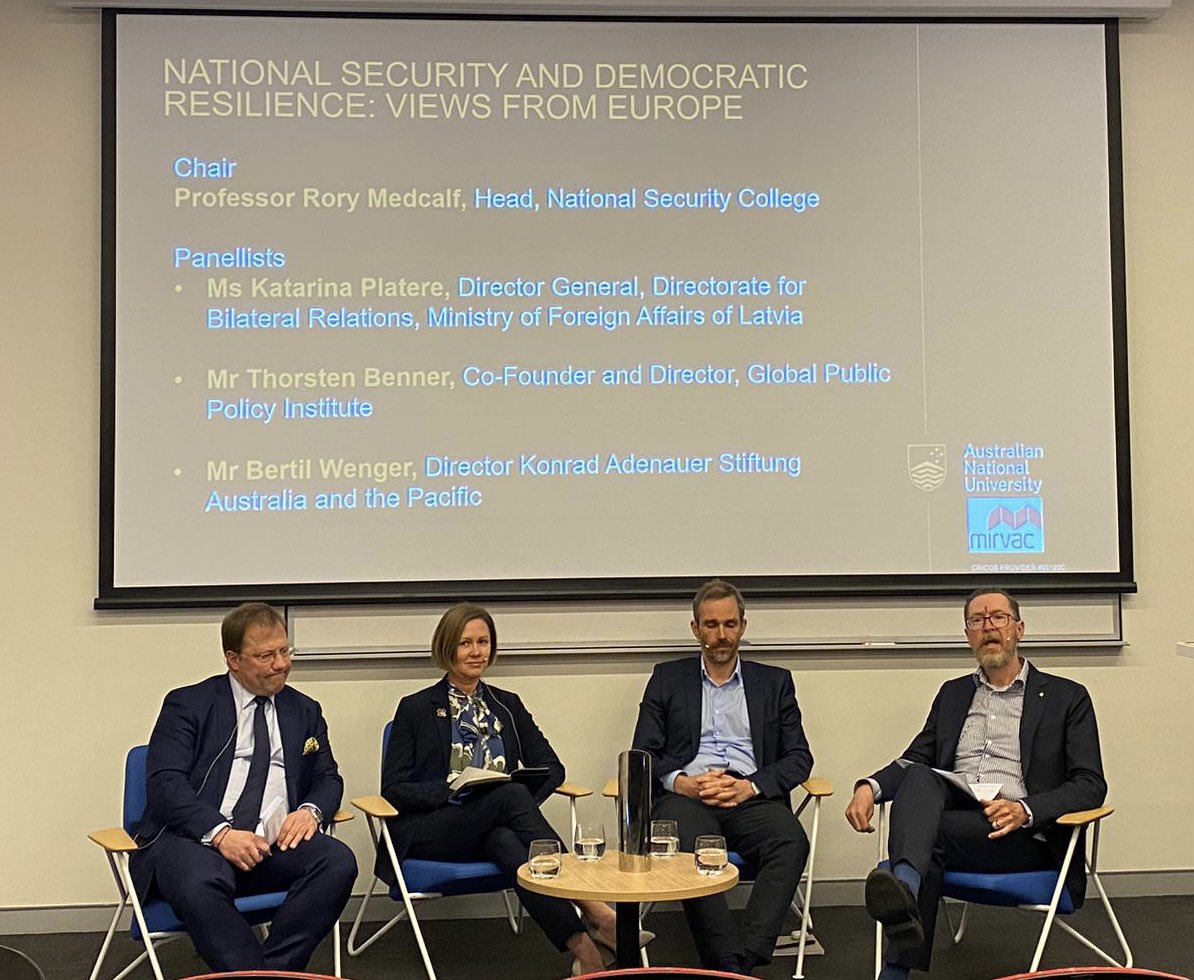Sharing 🇱🇻 perspective on national security/democratic resilience at ANU Crawford Leadership Forum with distinguished Bertil Wenger and <a href="/thorstenbenner/">Thorsten Benner</a> in a panel masterly navigated by <a href="/Rory_Medcalf/">Rory Medcalf</a>. Sometimes small countries can have big resilience. #KAS