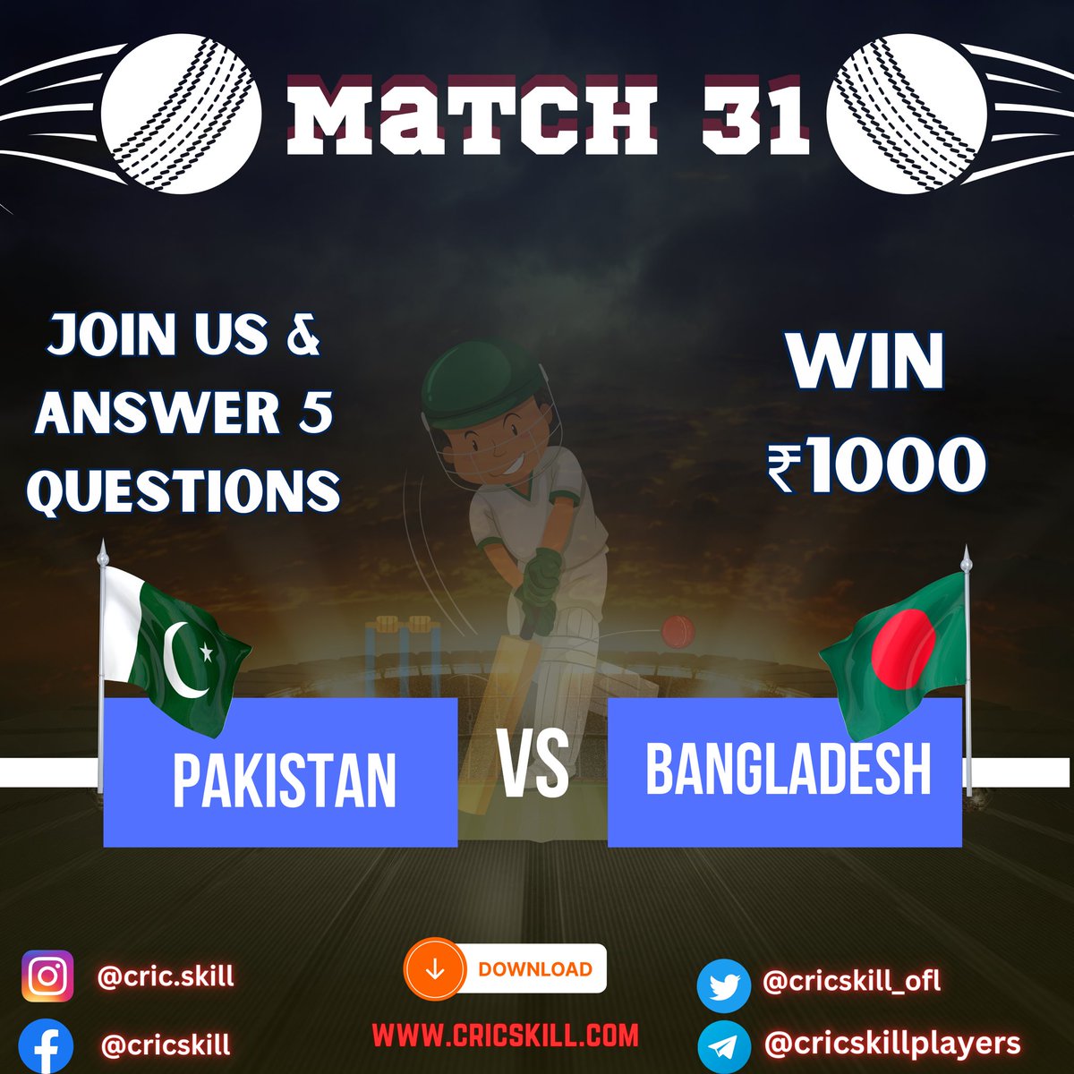 Cricskill_Ofl's tweet photo. Join Us & Answer 5 Questions to win ₹1000
Download App - https://t.co/plglCFI1em
#CricketQuiz
#CricketExperts
#CricketWisdom
#CricketTrivia
#CricketLegends
#CricketFacts
#CricketPassion
#CricketIndia
#tourney11
#cricskill
#rohitsharma
#kohli
#viratkohli
#bhumrah https://t.co/i1V3NAqoR7