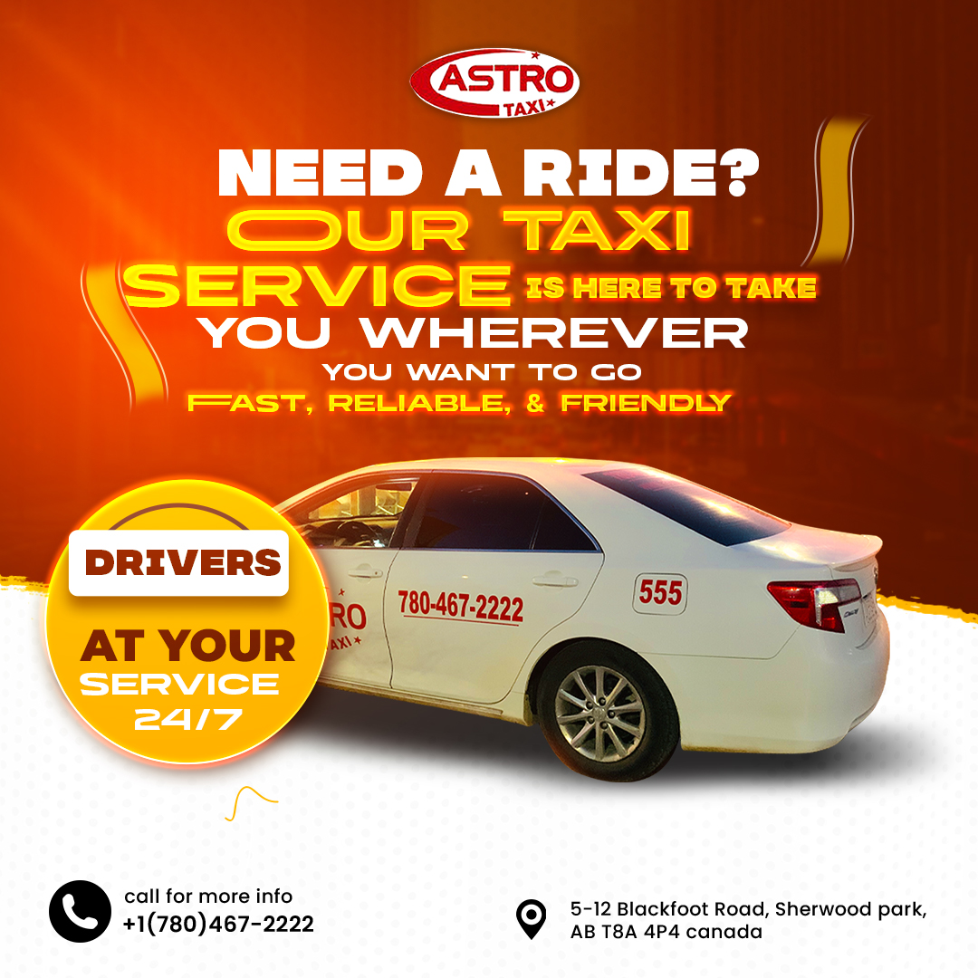 Need a ride?
Our taxi service is here to take you wherever you want to go fast, reliable, & friendly.

Drivers at your service 24/7

Book Your Cab Now!
+1(780)467-2222

#Reliabletaxiservice #ReliableTransport #AstroTaxiSherwoodPark #astrotaxicanada #sherwood #sherwoodpark #canada