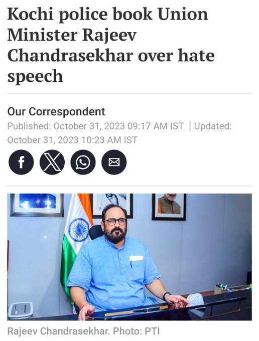SwethaMenon1997's tweet photo. KeralaPolice registered a case against #UnionMinister_Rajeev_Chandrasekhar for spreading hate speech on social media after the Kalamassery blasts. #ChandrababuNaidu #PAKvsBAN #SardarVallabhbhaiPatel #NationalUnityDay #CBREDisrupTech #RashtriyaEktaDiwas #AndhraPradesh #police https://t.co/uldIlzKmuY