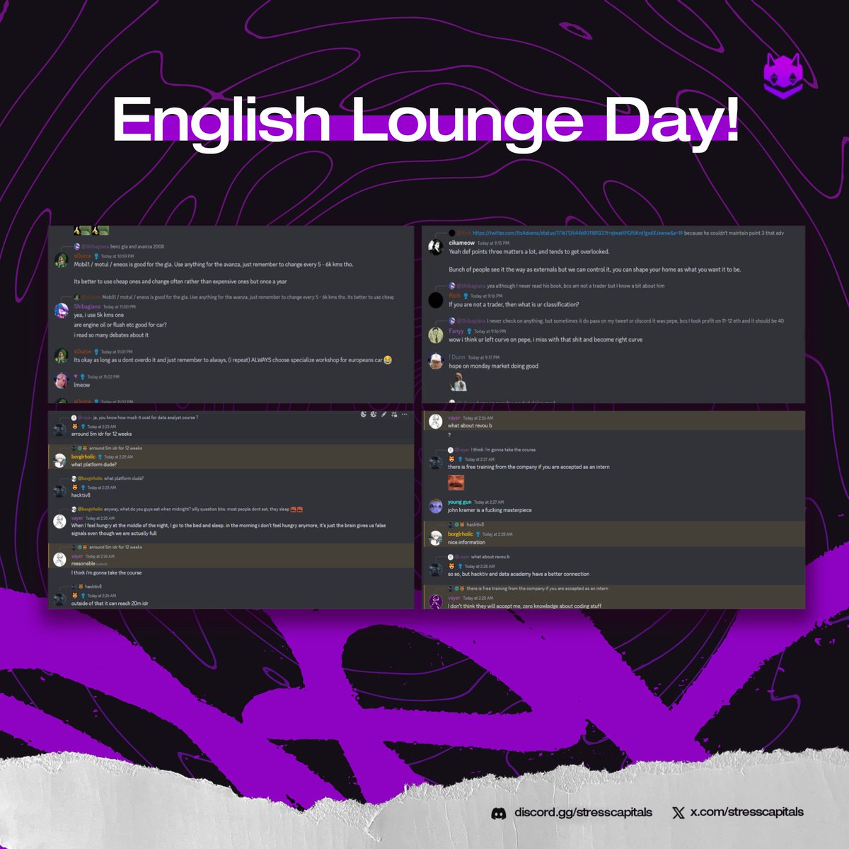 StressCapitals's tweet photo. [STRESS CAPITAL HIGHLIGHT]
Hey there, fam! Did you miss us like crazy already?  

Well, we're back with a little Sunday Funday throwback.  What's on the agenda? We've got "English Lounge Day", a weekly shindig brought to you by our awesome DAO crew. 
 
Every Sunday, we gather 'round and chat it up in English (that's right, no slacking off with that Google translate! jk).

The topics we cover are vast and varied - everything from money matters, literature, and mind-bending psychology, to revving up your ride in the automotive world. Sounds fun, right? Join with us, then!
.
.
#StressCapital #DAO #SundayFunday #EnglishDay