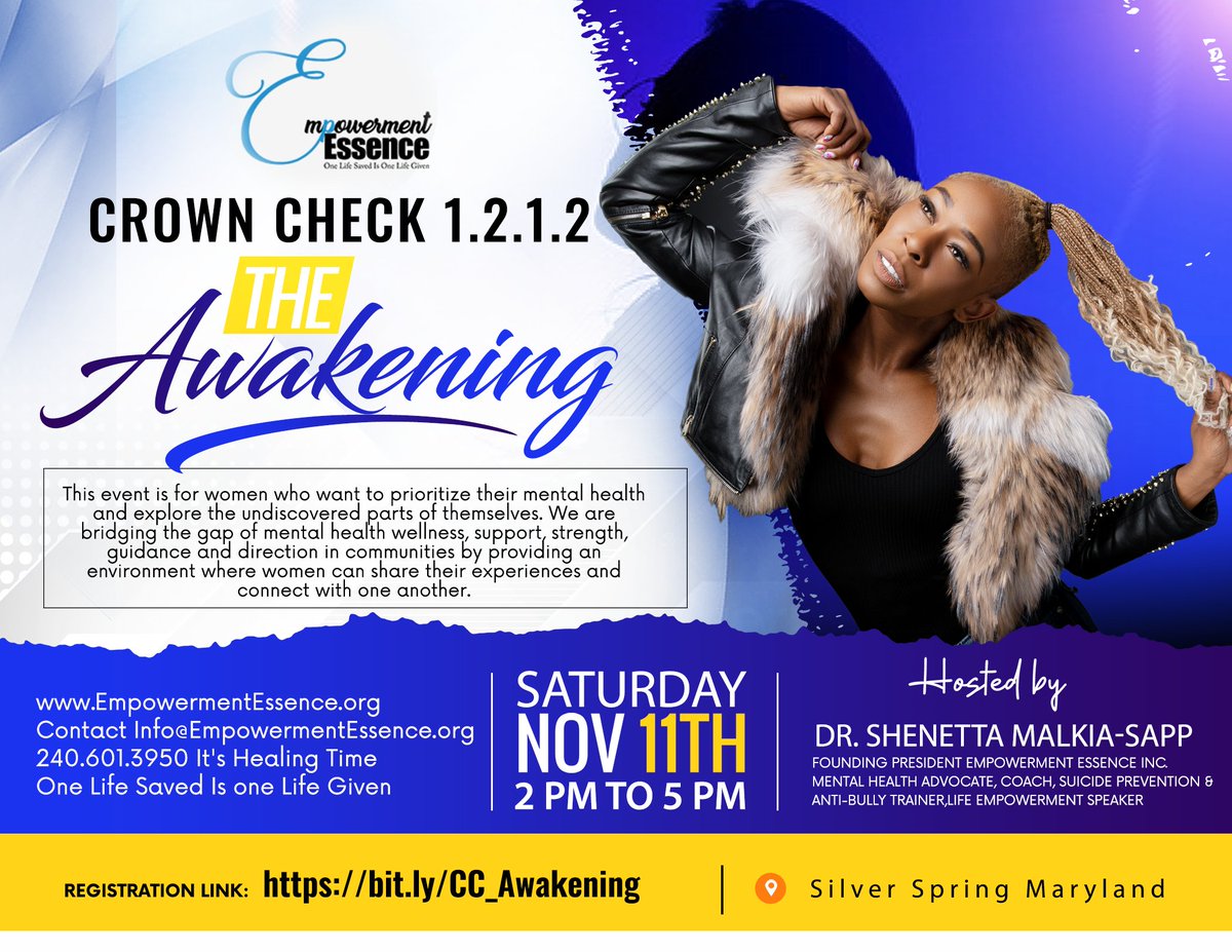 Join us for Crown Check 1.2.1.2 The Awakening, an extension of The Why My Mental Health Matters for Women

Date: Nov. 11th 2023
Time: 2 PM 
Register: bit.ly/CC_Awakening

Calling women who want to prioritize their mental health &amp; explore the undiscovered parts of themselves.