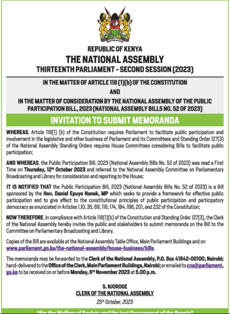 Attention #BongaNaGavaWarriors! The Public Participation Bill, 2023 is open for comments until November 6th. Check it out on the link below: parliament.go.ke/the-national-a… and let us know your thoughts, gaps, and suggestions. Let's make our youth voices heard! #PolicyMatters