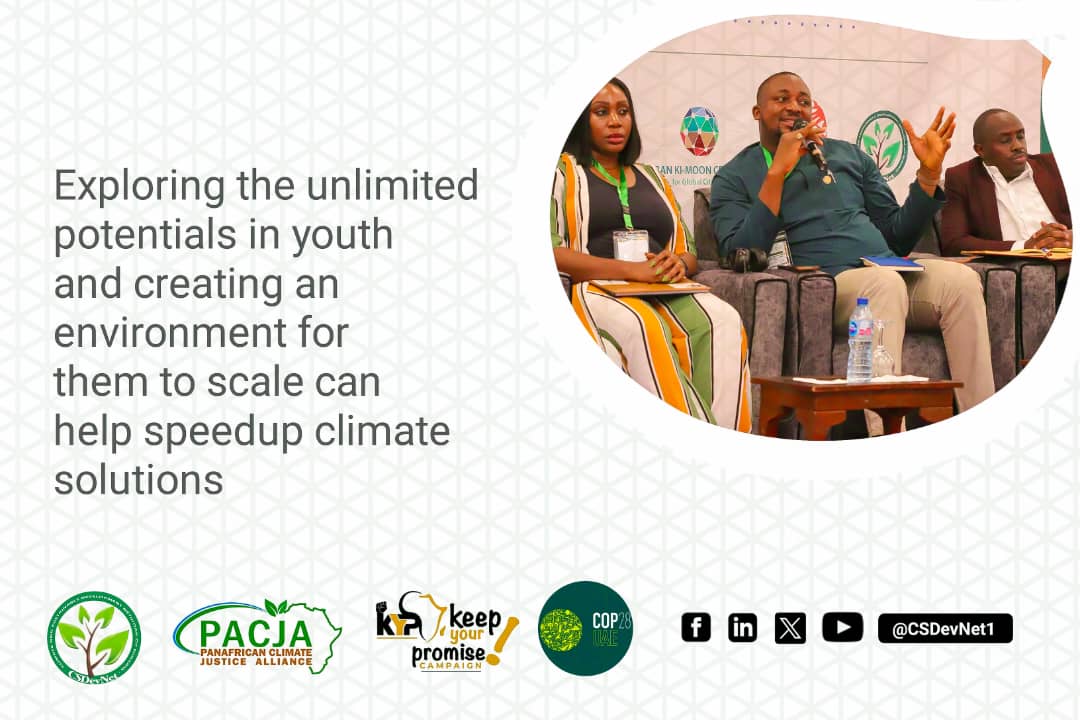 Creating an environment and exploring the unlimited potential in youth can help speedup climate solutions.
Let our Voices be Heard. 
 #COP28 
#WhatHasChanged? #AgriculturalAdaptation
#C4A 
#KeepYourPromise
@PACJA1 
@CSDevNet1