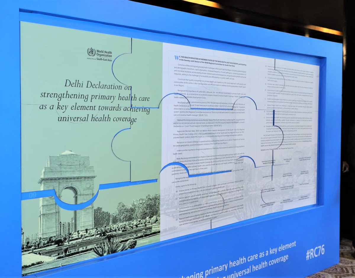 Today, at the 76th session of WHO Regional Committee for South-East Asia, member countries from @WHOSEARO signed the Delhi Declaration on strengthening primary healthcare as a key element towards achieving #UniversalHealthCoverage.

#RC76