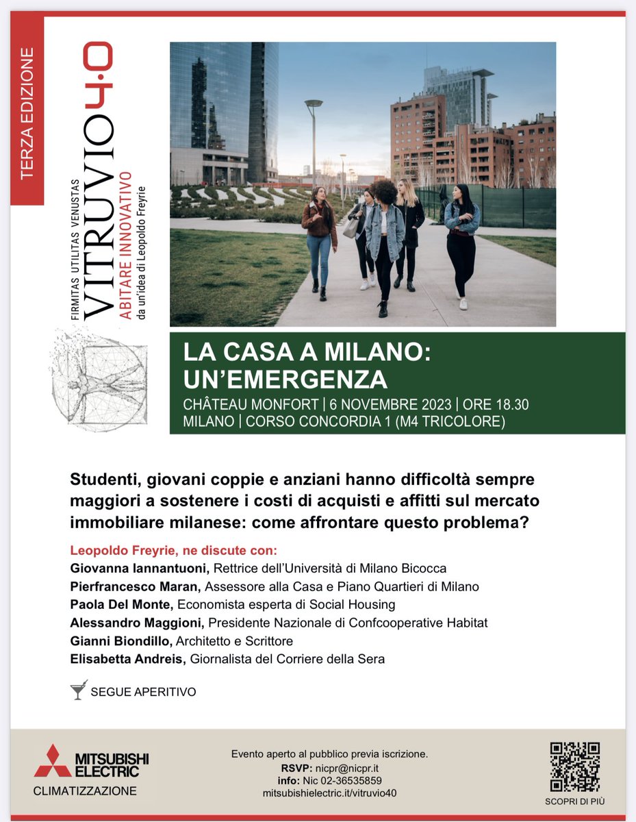 Il 6/11/2023 a Milano si dibatte dell'emergenza abitativa con Vitruvio 4.0 <a href="/PierMaran/">Pierfrancesco Maran MEP</a> <a href="/unimib/">Università degli Studi di Milano-Bicocca</a> @Alemagion <a href="/erealacci/">Ermete Realacci</a> <a href="/EZanchini/">edoardo zanchini</a> <a href="/IngegnerFlores/">antonella flores</a>