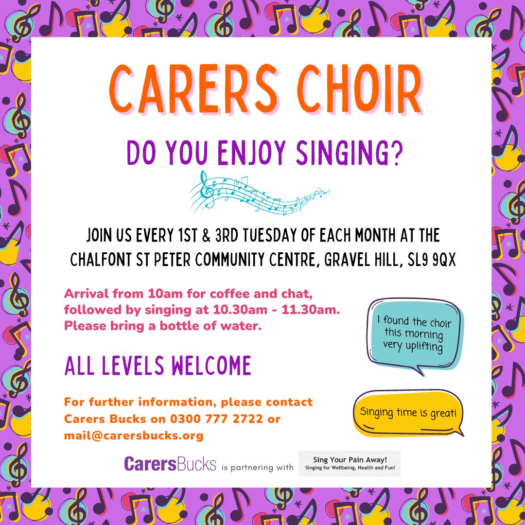 Carers Bucks (@carersbucks) on Twitter photo Are you a carer who enjoys singing? 🎶
Join our wonderful carers choir, every 1st & 3rd Tuesday from 10am-11.30am at Chalfont St Peter Community Centre. All are welcome! We're running this choir with the brilliant <a href="/SingYrPainAway/">Sing Your Pain Away</a>.
Our next session is on 7th November. Are you a carer who enjoys singing? 🎶
Join our wonderful carers choir, every 1st & 3rd Tuesday from 10am-11.30am at Chalfont St Peter Community Centre. All are welcome! We're running this choir with the brilliant <a href="/SingYrPainAway/">Sing Your Pain Away</a>.
Our next session is on 7th November.
