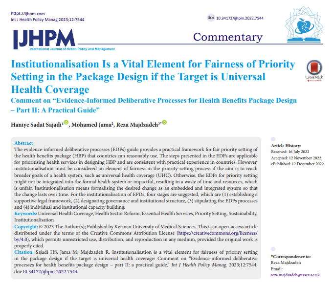 IJHPM's tweet photo. #Institutionalisation Is a Vital Element for Fairness of #PrioritySetting in the Package Design if the Target is #UniversalHealthCoverage

https://t.co/0yRCn2H1sU

https://t.co/1ZvSd3Zpqb

#HealthSectorReform #EssentialHealthServices #Sustainability #GlobalHealth

@Uni_of_Essex https://t.co/fgGul0YeQu