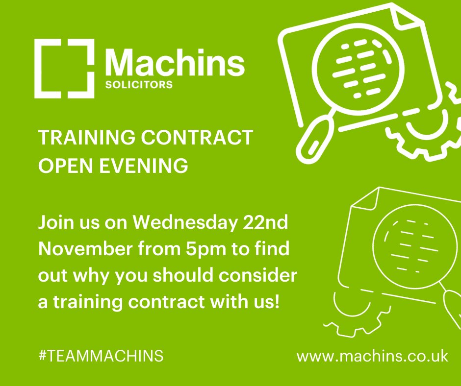 Looking to apply for a #trainingcontract? Why not come along to our Open Evening and hear from our Managing Partner and current trainees to find out what life is like <a href="/MachinsLaw/">Machins Solicitors</a>
To register - ow.ly/vFwQ50Q07lS
#traineesolicitor #futurelawyer #careerinlaw