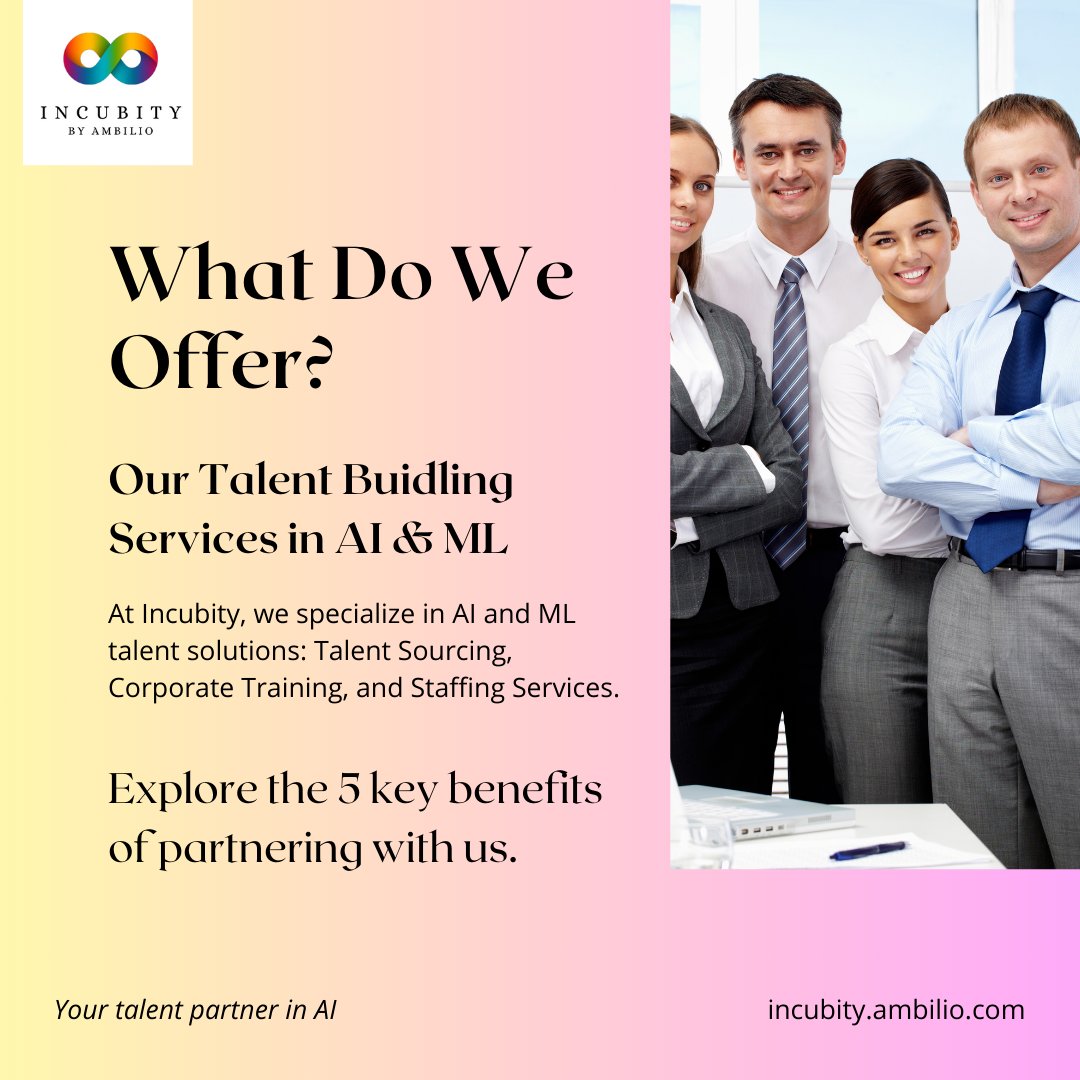 Incubity1's tweet image. 1/2
Elevate your AI and ML capabilities with Incubity. Leverage our expertise, domain knowledge, and expert network.

Visit us: incubity.ambilio.com

#talentbuilding #hr #corporatetraining #artificialintelligence #machinelearning