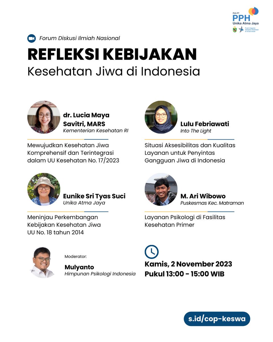 UU Kesehatan No. 17/2023 jadi peluang untuk wujudkan layanan kesehatan jiwa yang komprehensif. Ikuti Forum Diskusi Ilmiah Nasional tentang Refleksi Kebijakan Kesehatan Jiwa di Indonesia. Jangan sampai ketinggalan! s.id/cop-keswa