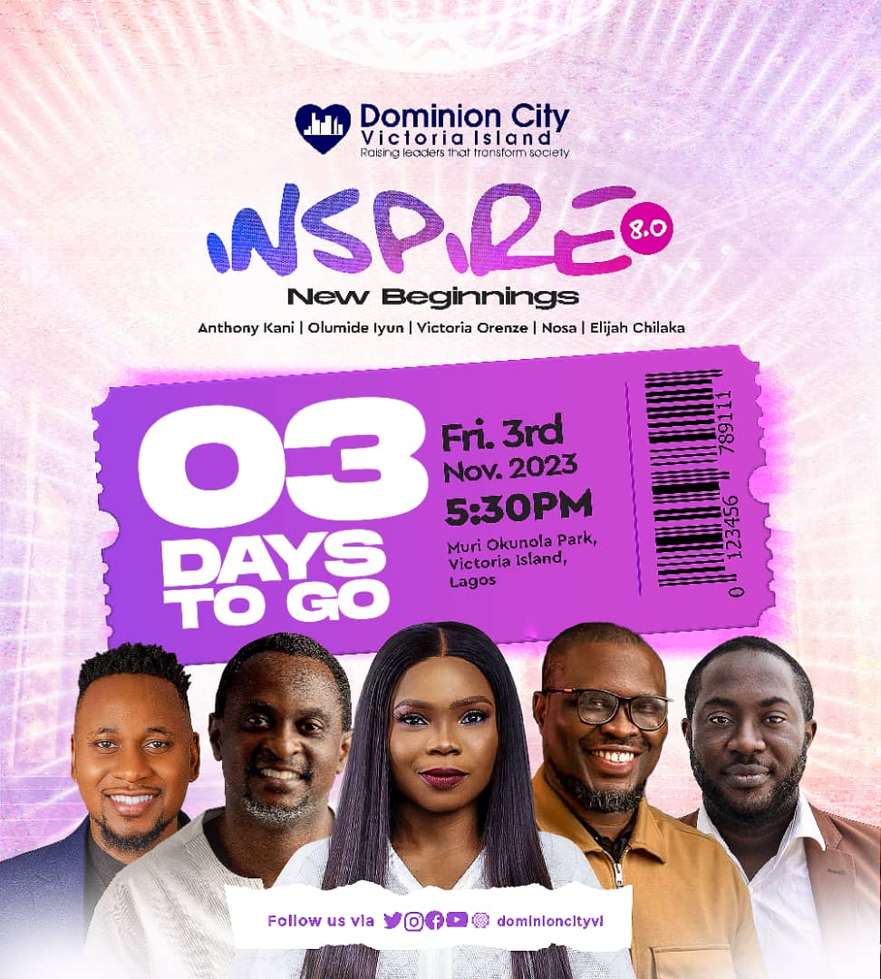 Dominioncityvi's tweet photo. We are gradually getting there - 3 more days and it's #inspire8.

We will sing
We will dance
We will worship and God almighty will receive all the glory and we will leave blessed.

5:30pm this Friday at Muri Okunola Park VI Lagos.

#pastordavidogbueli
#DominionCity
#worship https://t.co/OlqGC4xoxD