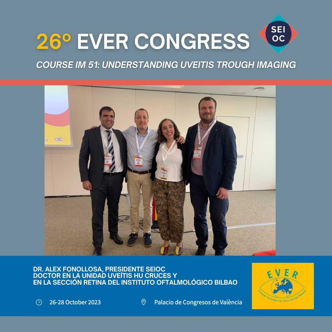 SEIO_uveitis's tweet photo. El Dr. Alex Fonollosa, presidente de la SEIOC, ha moderado una charla en el 26º EVER Congress junto a la vicepresidenta Ester Carreño Salas sobre "Understanding Uveitis through Imaging."
¡Enhorabuena! 👏
#SEIOC #EVERCongress #Uveitis #InvestigaciónOftalmológica https://t.co/2JZ4ce4p4y
