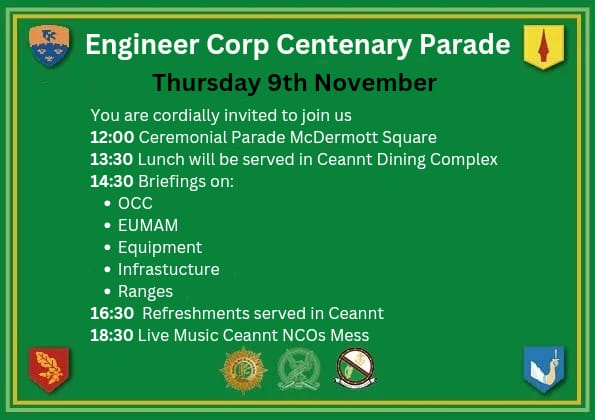 Defence Forces Engineer Corps (@df_engineers) on Twitter photo <a href="/DF_Engineers/">Defence Forces Engineer Corps</a> will celebrate its Centenary next Thursday, 9th November, with a parade in McDermott Barracks, DFTC. We would love to see as many retired members and friends of the Corps attend on the day, with all timings for the day listed below <a href="/DF_Engineers/">Defence Forces Engineer Corps</a> will celebrate its Centenary next Thursday, 9th November, with a parade in McDermott Barracks, DFTC. We would love to see as many retired members and friends of the Corps attend on the day, with all timings for the day listed below