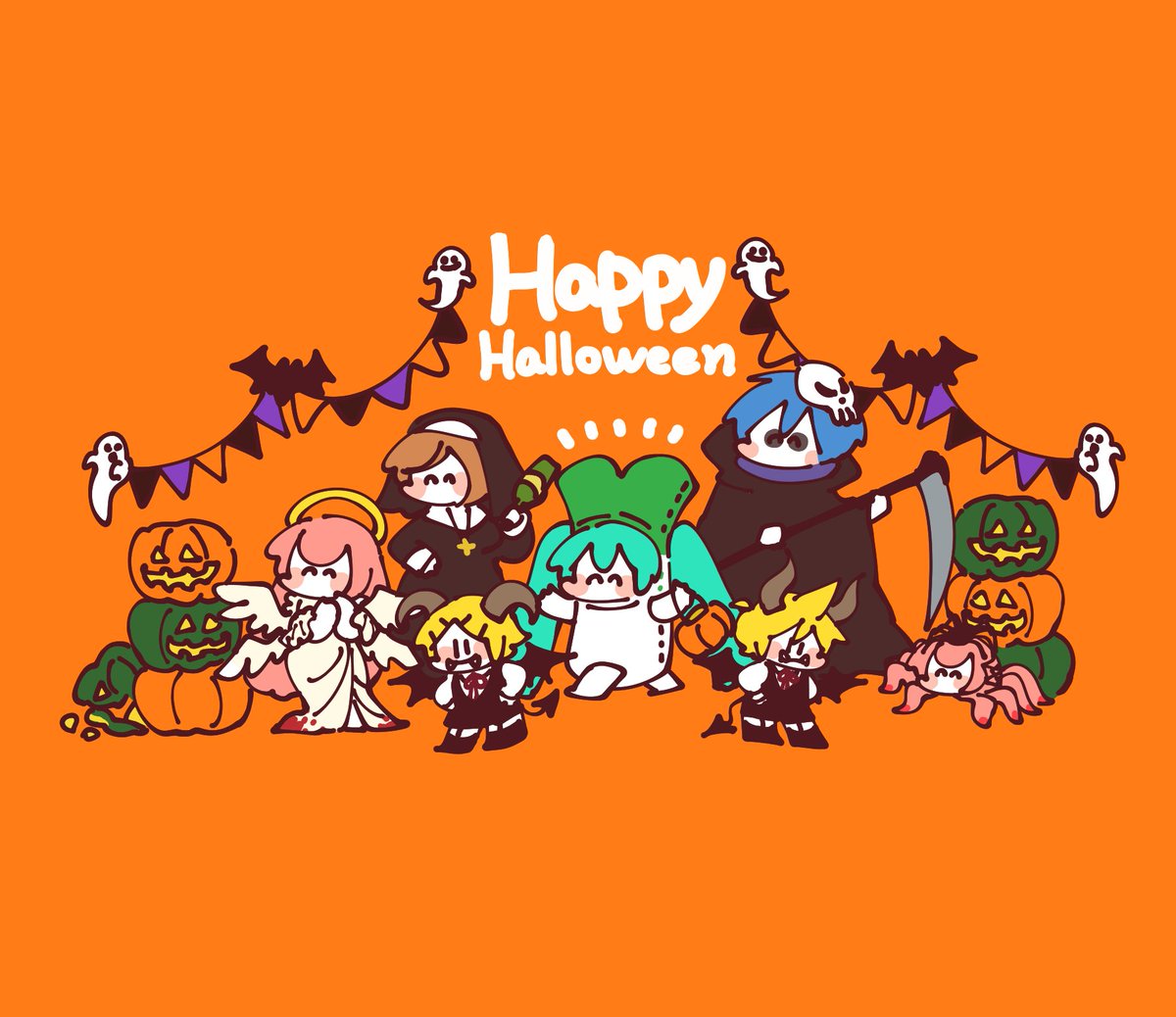 hatsune miku ,kagamine len ,kagamine rin ,kaito (vocaloid) ,megurine luka ,meiko (vocaloid) halloween multiple girls multiple boys ghost costume happy halloween vampire costume halloween costume  illustration images