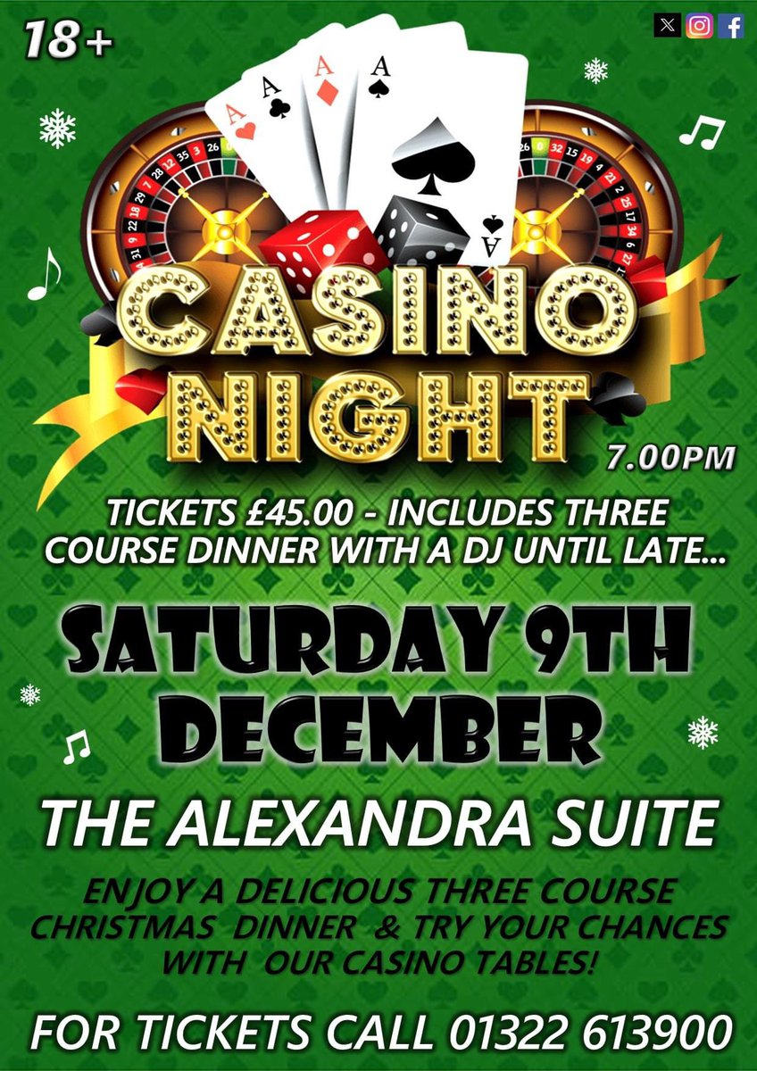 Looking for a fun Christmas night out for your company?🎄

We still have tickets for our annual Christmas Casino Dinner &amp; Dance✨🎰♣️♥️🎶

Enjoy a delicious three course christmas dinner, try your chances on two of our casino tables and dance the night away!