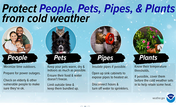 For People: Minimize time outdoors. Prepare for power outages. Check on elderly & other vulnerable people to make sure they are ok. For Pets: Keep your pets warm, dry, & indoors as much as possible. For Pipes: Insulate pipes if possible. Open up sink cabinets to expose pipes to heated air. Disconnect hoses & turn off water to sprinklers. For Plants: Know their temperature thresholds. If possible, cover them before the cold weather sets in to help retain some heat.    