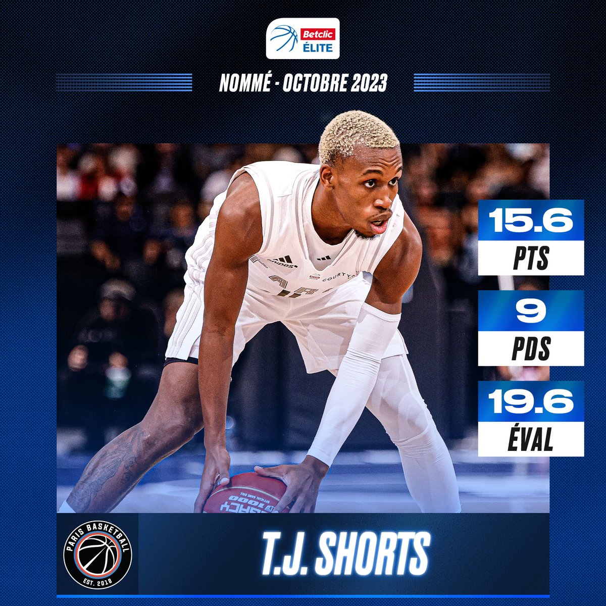Betclic_ELITE's tweet photo. Meilleur marqueur, meilleur passeur et deuxième meilleure évaluation du championnat 📈

🔄 RT pour voter pour T.J. Shorts, l'impressionnant meneur du @ParisBasketball !

#JDMBetclicELITE https://t.co/JJV0FDc2ZX