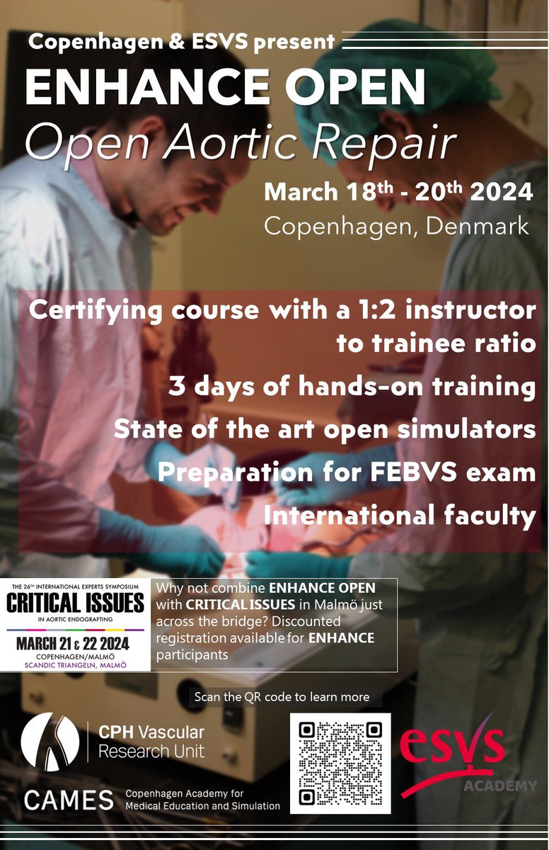CPH Vascular Research Unit (@vascularcph) on Twitter photo Are you getting ready to perform your first open aortic repair procedure?
Then we have the perfect course for you!
Sign up before all the seats are taken. Will we see you in Copenhagen?
<a href="/CamesResearch/">CAMES_Research</a> <a href="/ESVSmembership/">ESVS</a> <a href="/EVST_ESVS/">European Vascular Surgeons in Training (EVST)</a> Are you getting ready to perform your first open aortic repair procedure?
Then we have the perfect course for you!
Sign up before all the seats are taken. Will we see you in Copenhagen?
<a href="/CamesResearch/">CAMES_Research</a> <a href="/ESVSmembership/">ESVS</a> <a href="/EVST_ESVS/">European Vascular Surgeons in Training (EVST)</a>