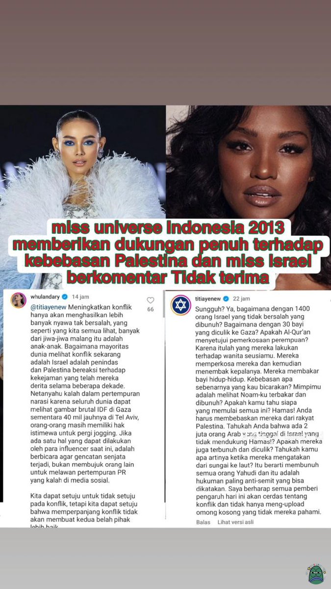 tanyarlfes's tweet photo. Tanyarl Puteri Indonesia 2013, Whulandary Herman speak up for PaIestine  ❤

Kemudian saling beradu argumen dengan temn seperjuangannya nya di Miss Universe 2013 yaitu Miss lsraheII. Kasih paham unii 👌👍 https://t.co/zmKNMIwMyw