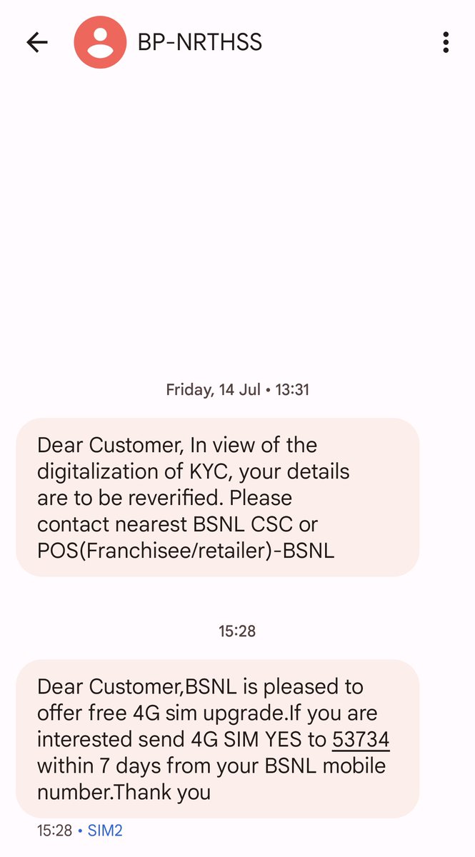 monturaid's tweet photo. @BSNLCorporate @AshwiniVaishnaw BSNL is providing free 4G Sim but our BSNL office staff is demanding 50/- for upgrade.
Are these SMSes Fake or legitimate? https://t.co/xtc2aaI9LE