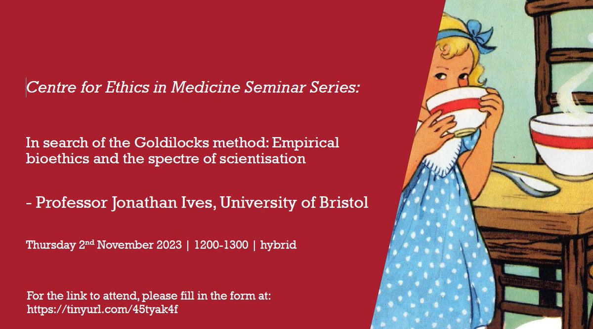 BristolEthics's tweet image. Our own @ProfJonIves will be presenting this Thursday (2nd Nov) on 'the spectre of scientisation' in bioethics.  Online only, and open to all.  You can sign up here: tinyurl.com/45tyak4f