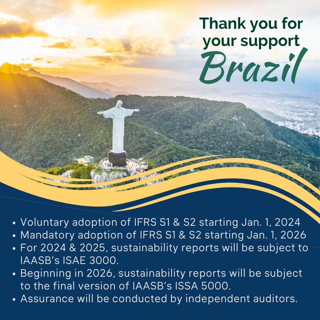 Terrific news from Brazil: Not only is it adopting <a href="/IFRSFoundation/">IFRS Foundation</a>’s S1 and S2 for #SustainabilityReporting but it has also committed to adopting our proposed #SustainabilityAssurance standard #ISSA5000 when final. 

Thank you for your support, Brazil!