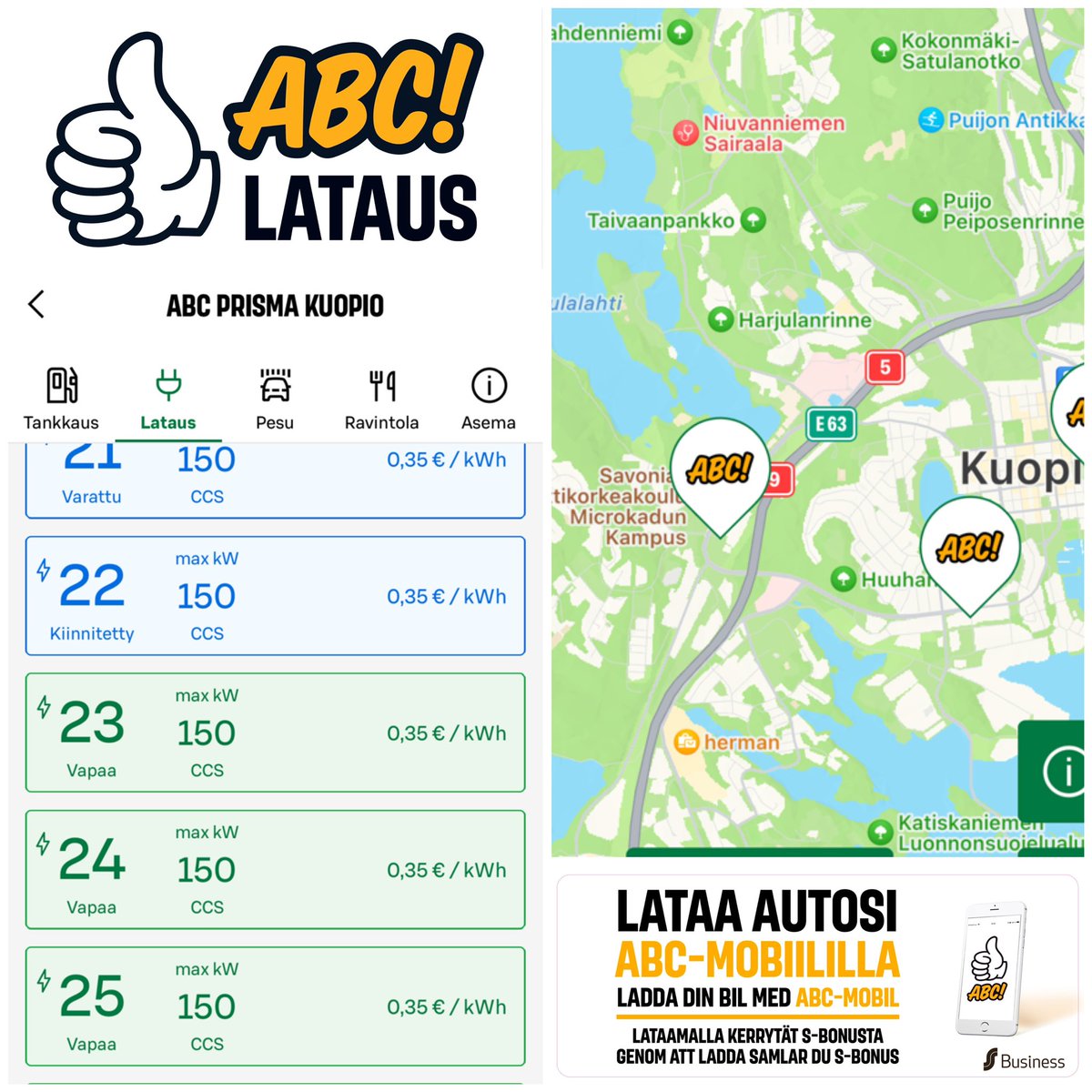 Saarenketo's tweet photo. @peeassa Prisma Kuopioon avattu ABC-latauksen suurteholatausasema. Erinomainen lisä Kuopiolaisille, mutta myös ohikulkijoille. E63/9 tieltä lyhyt koukkaus käymään Prismalla syömässä, kahvilla, ostoksilla +ladata samalla menosähköä autoon!
1/2
#abclataus #sähköauto #suurteholataus https://t.co/3JrauuZFSK