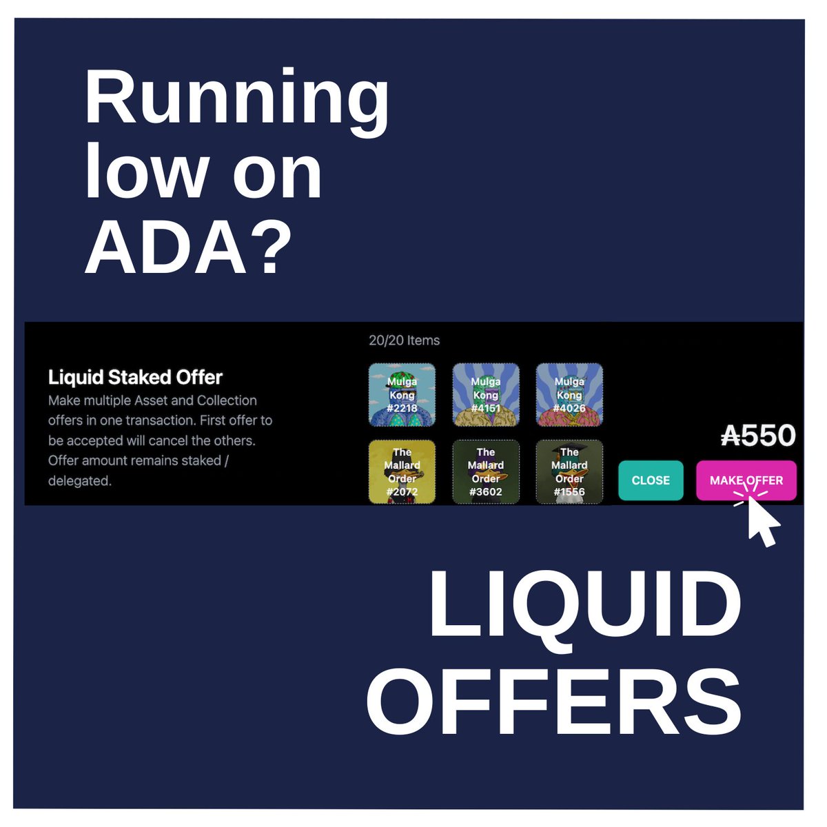 dropspot_io's tweet image. Running low on ADA but want to buy all those special NFTs? ✨ 

No need for sending multiple offers, just make one Liquid Offer with all those NFTs directly on Dropspot! 🛒

Multiple offers, with limited ADA, so you can maximize what you can get with your ADA! 🤝