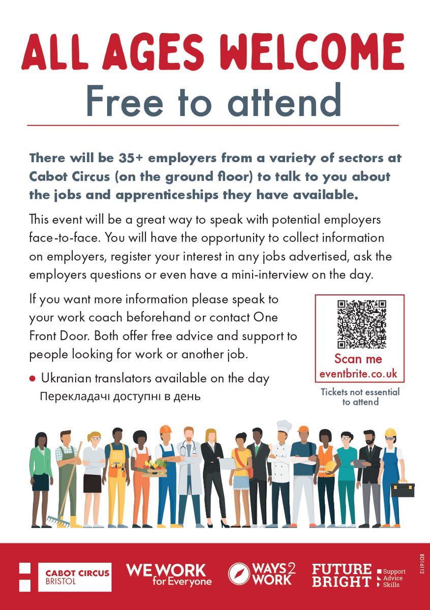 Jobs & Apprenticeships Fair in @CabotCircus on 1 November from 12pm to 3pm! All ages are welcome & this event is free to attend. There will be 35+ employers from a variety of sectors to talk to you about the jobs and apprenticeships they have available. @JCPinBRS_Bath