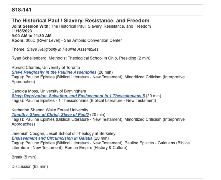 Seeing as we are all doing this... come hear Jeremiah Coogan, Kat Shaner, Ronald Charles, and me use the work of @platanoclassics to talk about 'Slave Religiosity in Pauline Assemblies' at #AARSBL #SBLAAR (11/18 at 9am local)